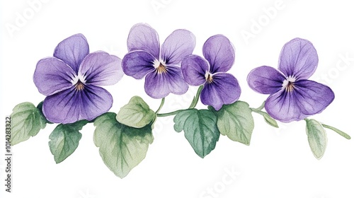 Elegant Hand-Drawn Watercolor Purple Violets and Green Leaves Clip Art on White Background