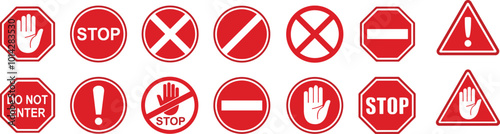Set stop red sign icon with white hand, do not enter. Warning stop sign stock vector