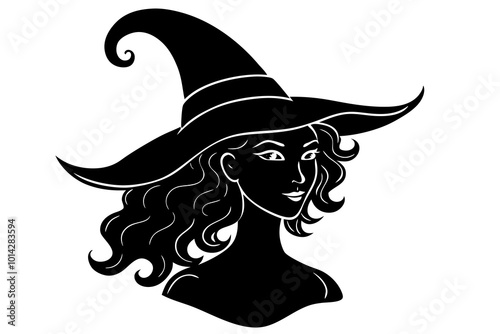 Beautiful curly witch girl in pointy silhouette vector art illustration 