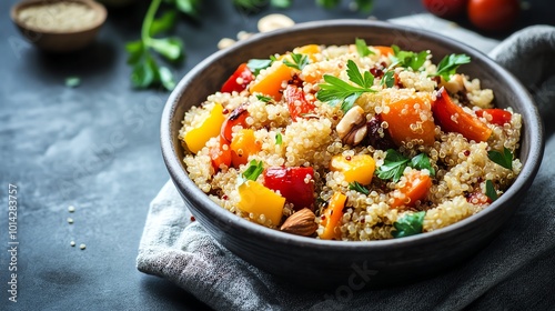 Colorful quinoa salad with vegetables and herbs in a bowl, dark rustic background.