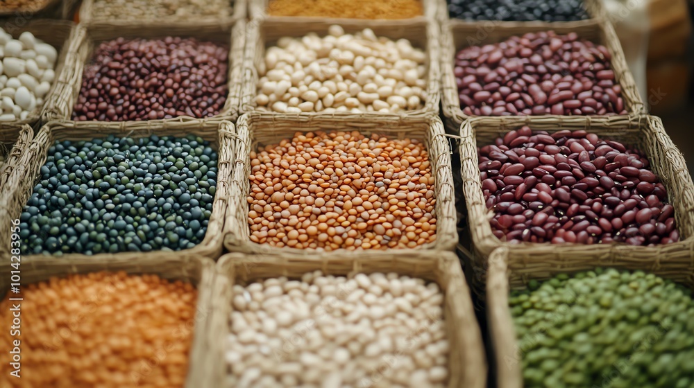 Colorful variety of dried legumes in woven baskets, rustic market feel. Colorful variety of dried legumes in woven baskets, rustic market feel.