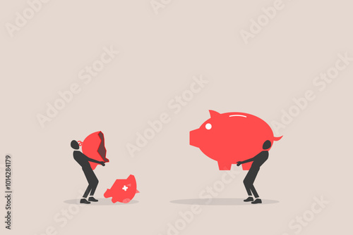 Businessman bringing on piggy bank  in whole and broken condition. concept of  saving money