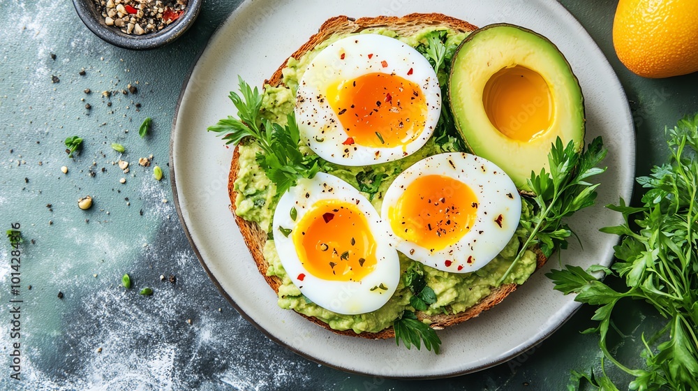 Delicious avocado toast topped with eggs and fresh herbs on a plate. Delicious avocado toast topped with eggs and fresh herbs on a plate.