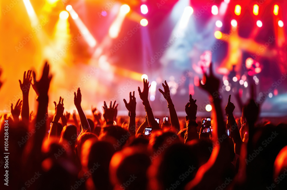 concert scene with enthusiastic fans raising their hands against colorful stage lights, capturing the energy of live music. concert scene with enthusiastic fans raising their hands against colorful stage lights, capturing the energy of live music.