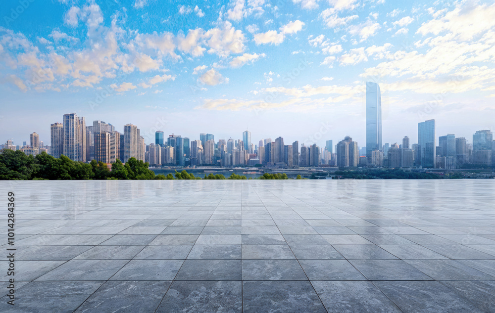 Empty marble floor overlooking modern city skyline on a sunny day Empty marble floor overlooking modern city skyline on a sunny day