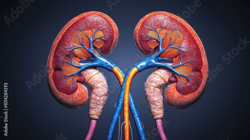 Illustration of kidneys and renal system, complete with veins, arteries, and ureters on dark background, medically precise detail photo