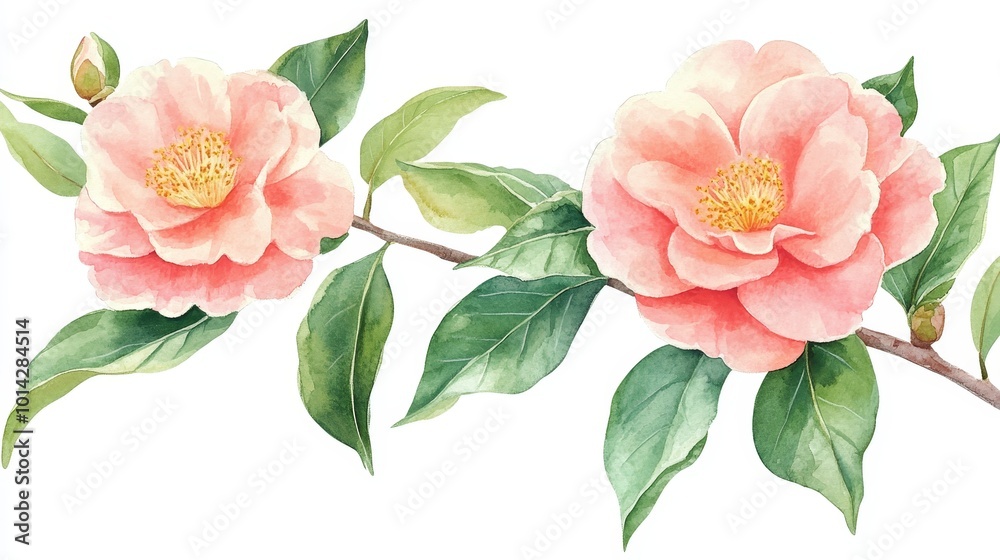 Elegant Watercolor Clip Art of Soft Pink Camellia Flowers with Light Green Leaves on White Background Elegant Watercolor Clip Art of Soft Pink Camellia Flowers with Light Green Leaves on White Background