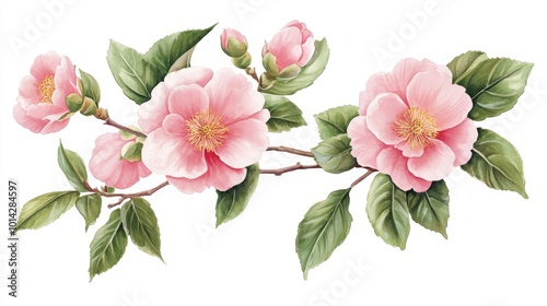 Hand-Drawn Watercolor Clip Art of Soft Pink Camellia Flowers with Green Leaves on White Background