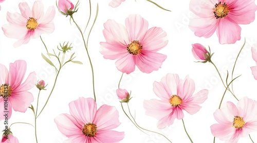 Delicate Pink Cosmos Flowers Watercolor Illustration on White Background