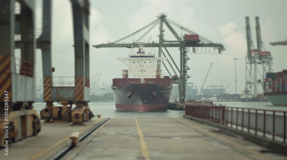 Large cargo ship anchored in harbor during port strike, surrounded by empty docks and cranes, symbolizing halted operations and economic impact. Large cargo ship anchored in harbor during port strike, surrounded by empty docks and cranes, symbolizing halted operations and economic impact.