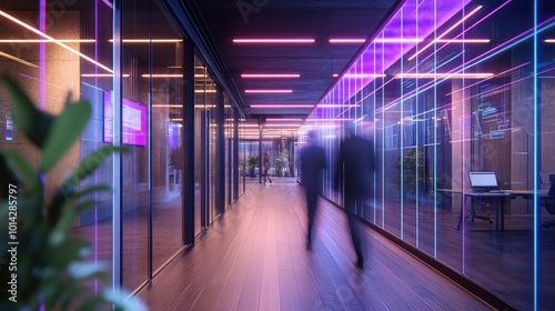 Two blurred figures walk down a modern office hallway with neon lights and glass walls.