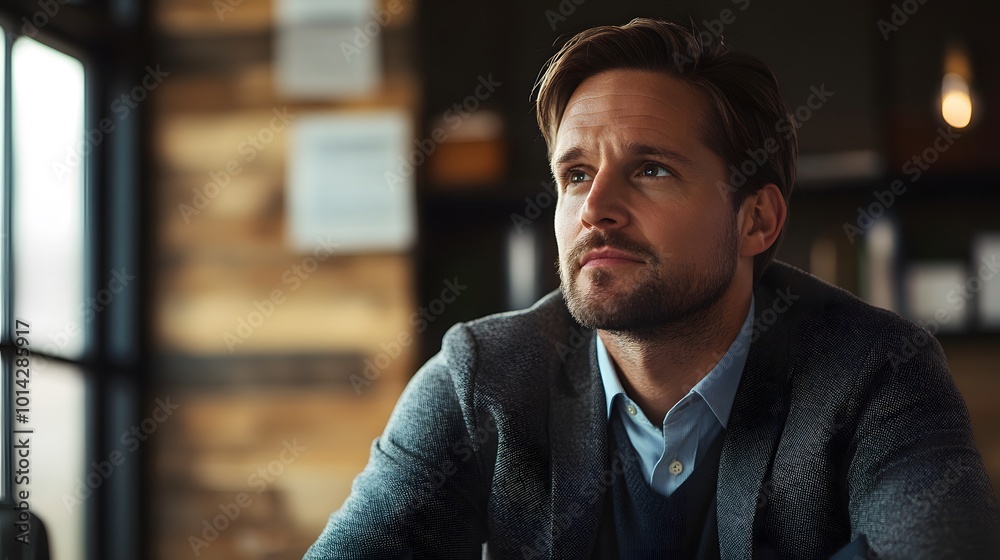 A Man in a Blazer Looking Upwards with a Pensive Expression A Man in a Blazer Looking Upwards with a Pensive Expression