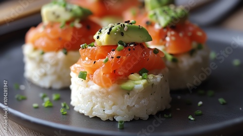 Delicious sushi rolls with salmon, avocado, and garnishes on a grey plate.