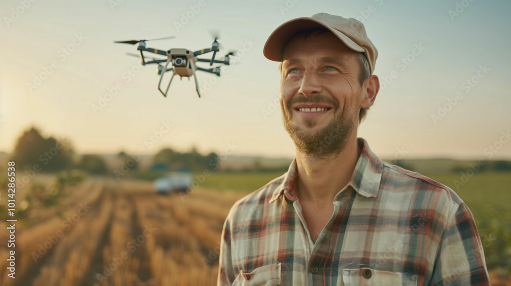 Farmer monitoring drone in the field at sunset with a smile on his face. Farmer monitoring drone in the field at sunset with a smile on his face.