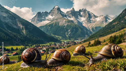 Giant snails roam a picturesque mountain valley, with snow-capped peaks and a quaint village nestled below, creating a surreal and fantastical landscape.