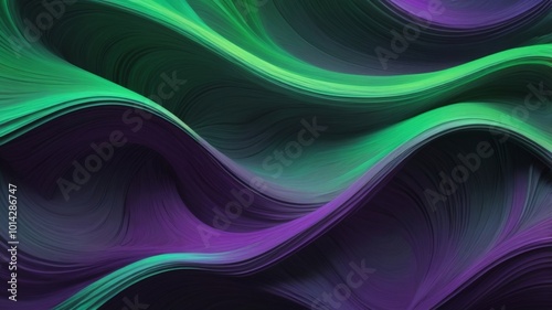 Design a futuristic abstract background with layered waves of color in bright neon green and purple, intertwined with subtle digital patterns