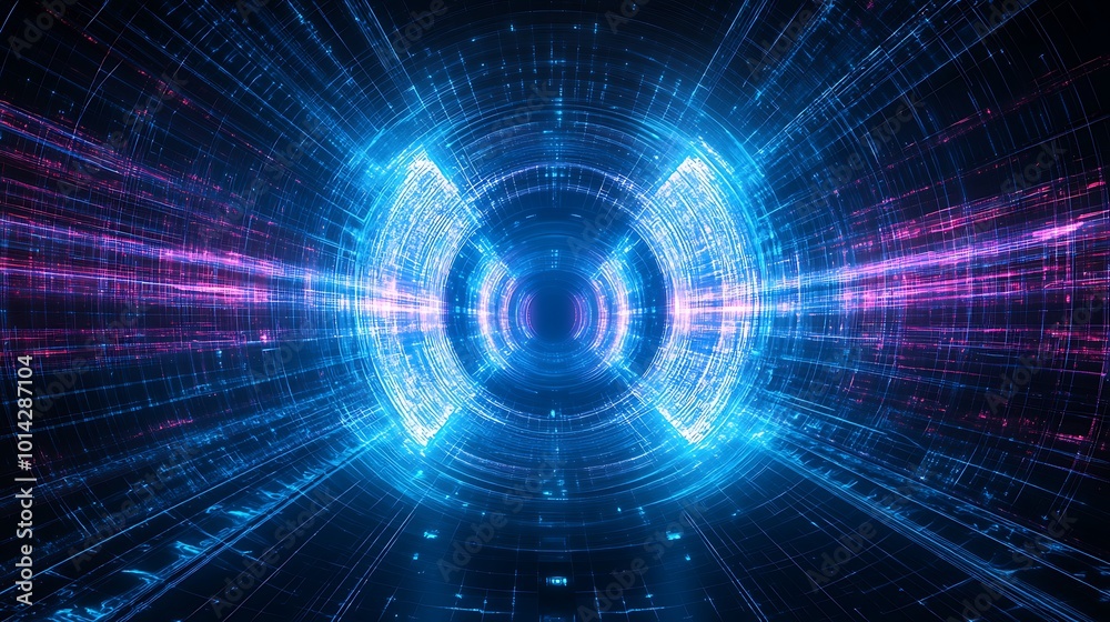 Abstract digital tunnel with glowing blue and purple light streaks. Abstract digital tunnel with glowing blue and purple light streaks.