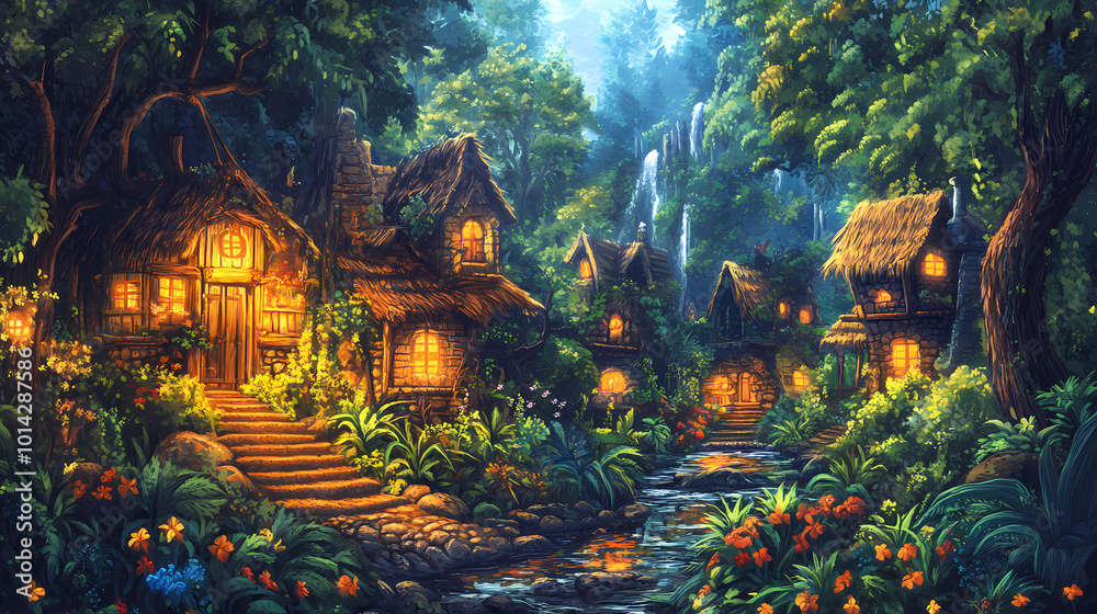 Fototapeta premium Jungle theme. Golem Village. Illustration
