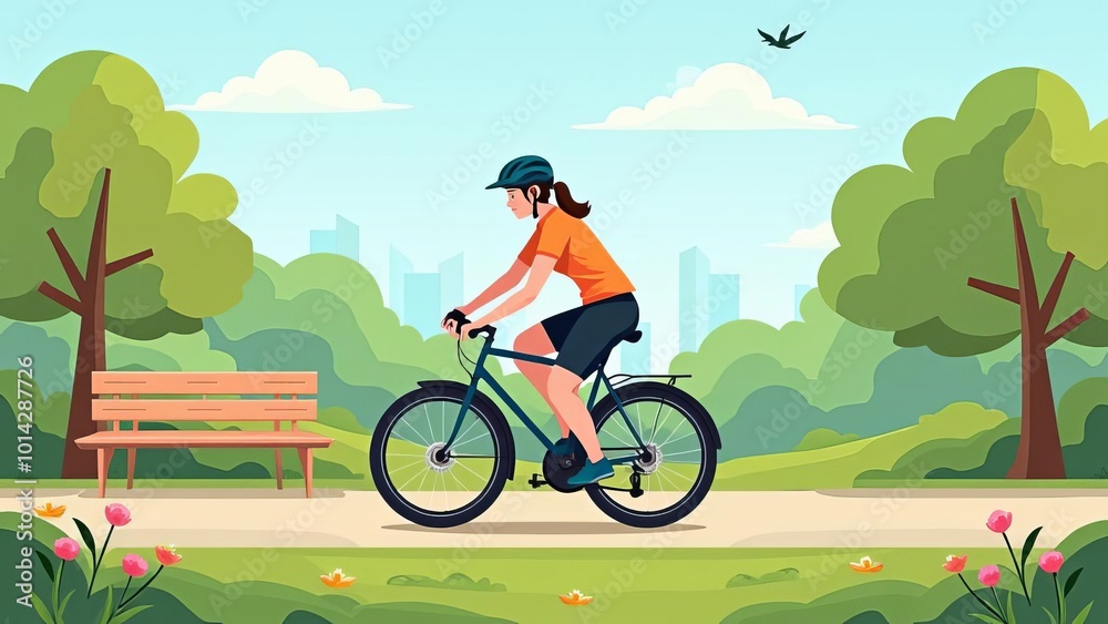 Cycling in Park Vector: Outdoor Recreation and Exercise in Urban Green Space Illustration Cycling in Park Vector: Outdoor Recreation and Exercise in Urban Green Space Illustration