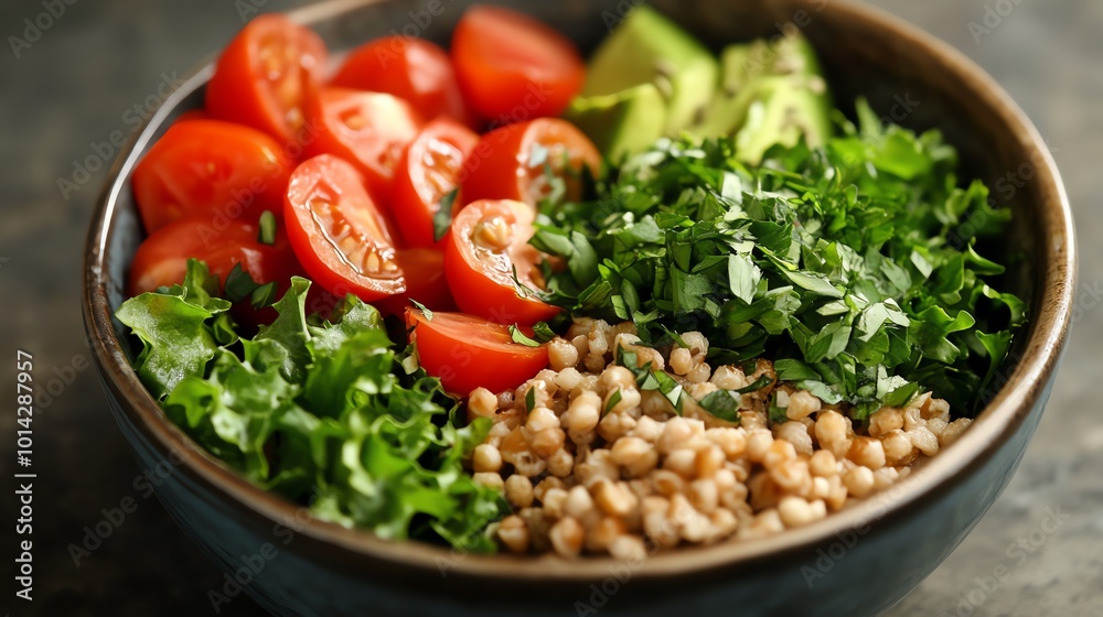 Fresh salad bowl with tomatoes, avocado, greens, and grains on a rustic table.
