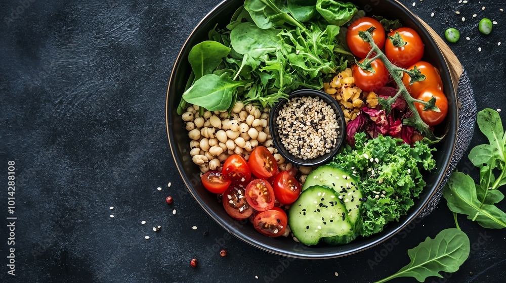 Fresh salad with tomatoes, greens, and grains in a dark bowl on a textured background. Fresh salad with tomatoes, greens, and grains in a dark bowl on a textured background.