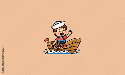 Happy sailor kid waving from a small wooden boat.