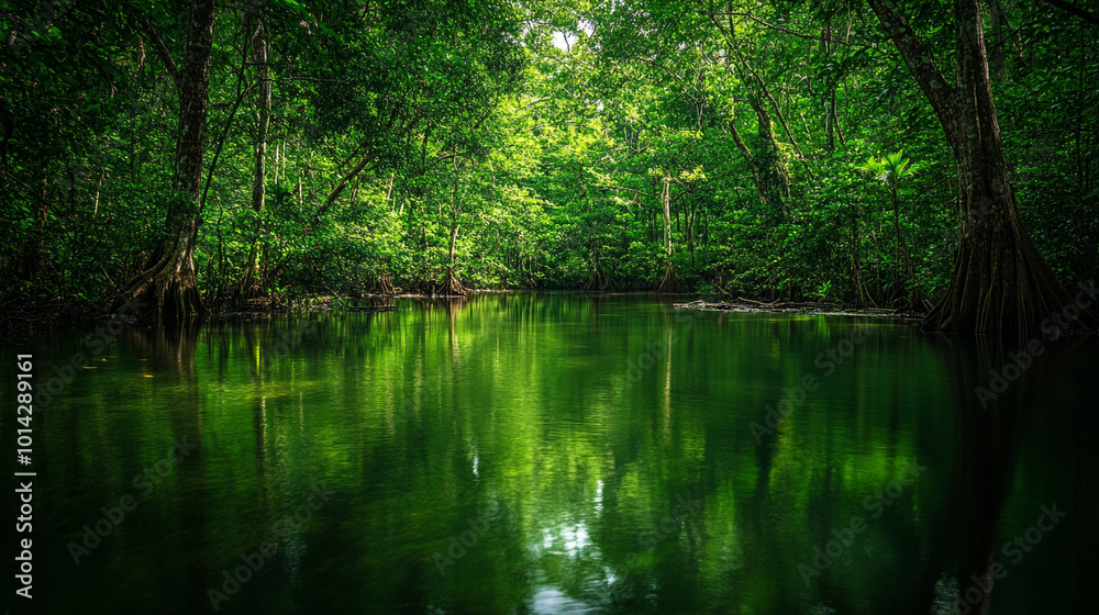 Lush green river surrounded by dense forest in a tranquil natural environment during daytime Lush green river surrounded by dense forest in a tranquil natural environment during daytime