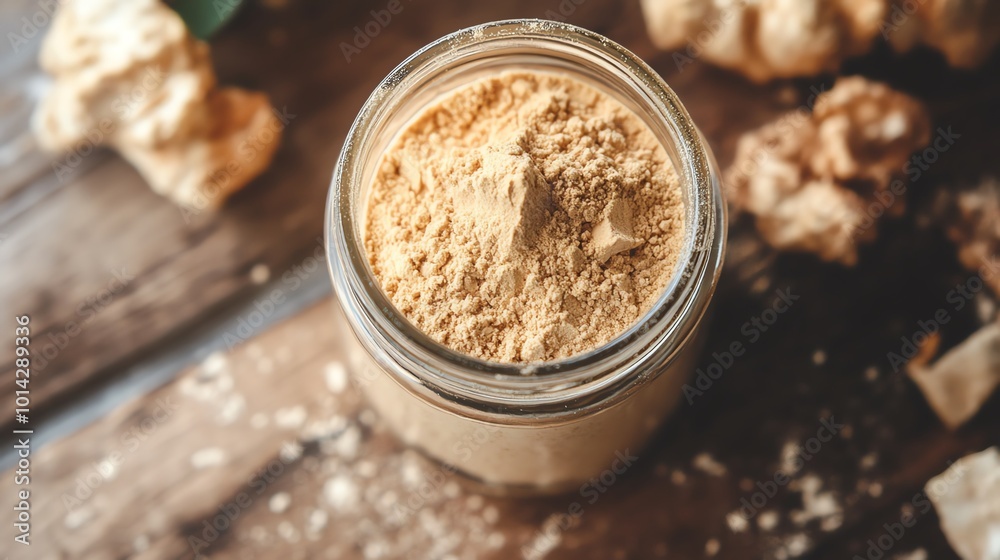 Ginger powder in a jar with fresh ginger pieces on wooden surface. Ginger powder in a jar with fresh ginger pieces on wooden surface.