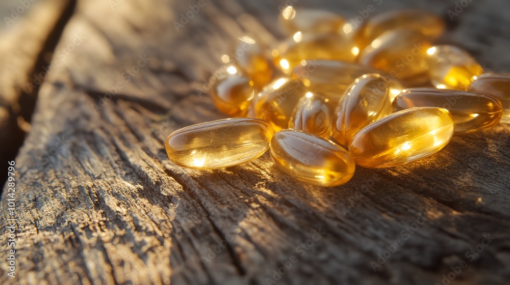 Golden capsules on rustic wooden surface, natural light highlighting transparency. Golden capsules on rustic wooden surface, natural light highlighting transparency.