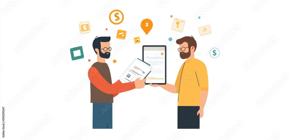 Two businessmen reviewing financial documents and tablet. Two businessmen reviewing financial documents and tablet.