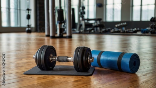 A close-up of neatly arranged fitness equipment, including dumbbells, resistance bands, and a yoga mat, on a wooden floor with soft lighting.