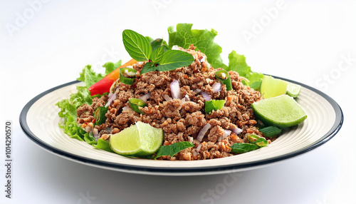 Fresh and Flavorful Salad with Savory Ground Meat, Zesty Lime, and Crisp Vegetables on a Plate