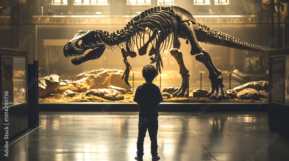 Fototapeta premium A kid boy stands in awe in front of a giant dinosaur skeleton at the museum. The concept focuses on curiosity, history, and the excitement of discovering the ancient past. Generative AI.