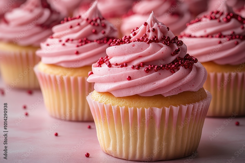 Close-Up Pattern of Cupcakes with Pink Frosting and Red Sprinkles on a Light Magenta Background
Close-Up Pattern of Cupcakes with Pink Frosting and Red Sprinkles on a Light Magenta Background