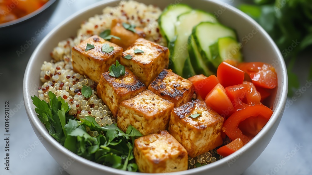 Healthy bowl with tofu, quinoa, tomatoes, cucumbers and fresh herbs on a marble surface. Healthy bowl with tofu, quinoa, tomatoes, cucumbers and fresh herbs on a marble surface.