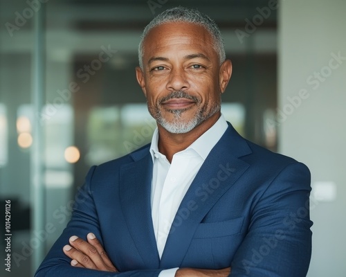 Confident Corporate Professional in Blue Suit Middle-Aged Man with Authority and Poise in Modern Office Setting