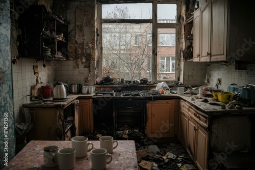 Charred Kitchen Disaster Devastation After Fire, Closeup View of Damage with Soiled Counters and Shattered Glass, Desolate Mood, Reconstruction Concept for Insurance or Safety Content