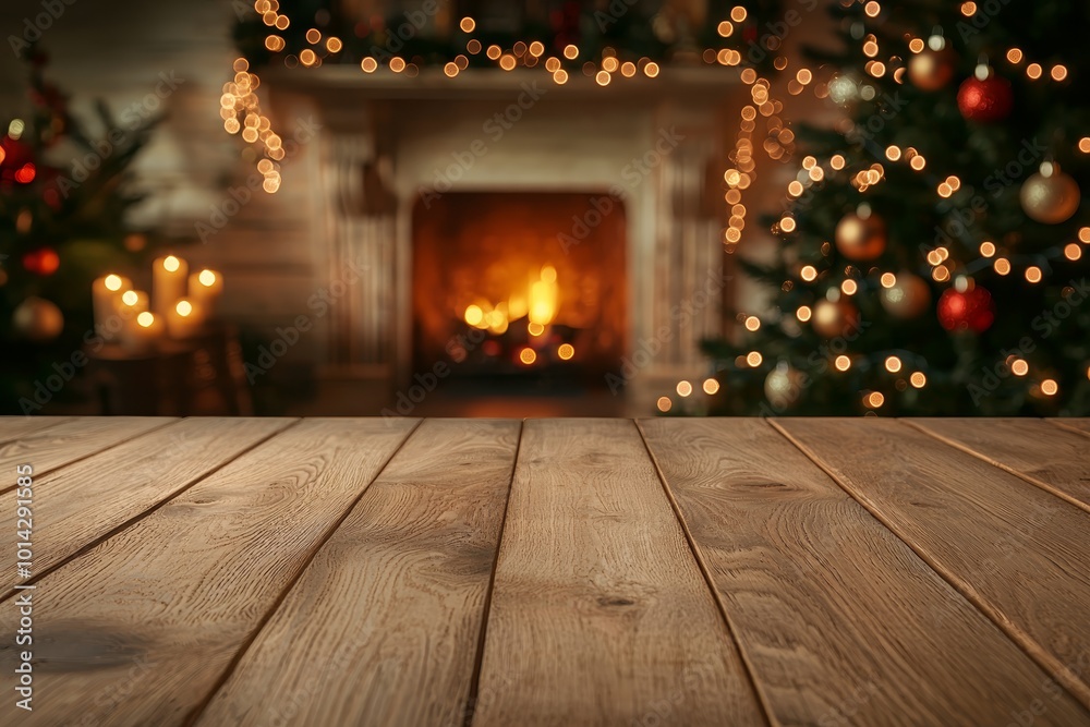 Cozy Christmas Wooden Table Setting with Festive Decorations and Warm Firelight - Holiday Home Decor Concept