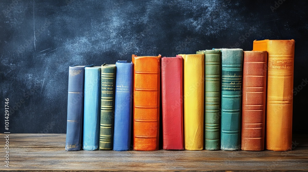 Naklejka premium A Row of Vintage Books Against a Dark Chalkboard Background