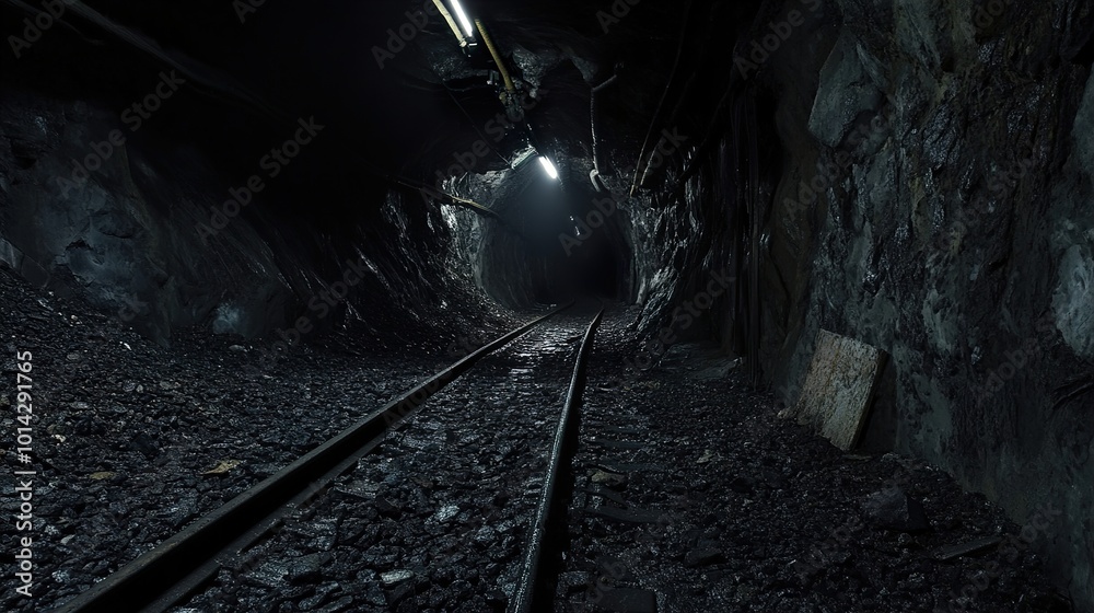 Naklejka premium Dark and Gloomy Mine Tunnel with Railroad Tracks