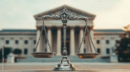 Elegant Silver Scale of Justice in Front of Classical Courthouse - Legal Symbolism and Fairness Concept