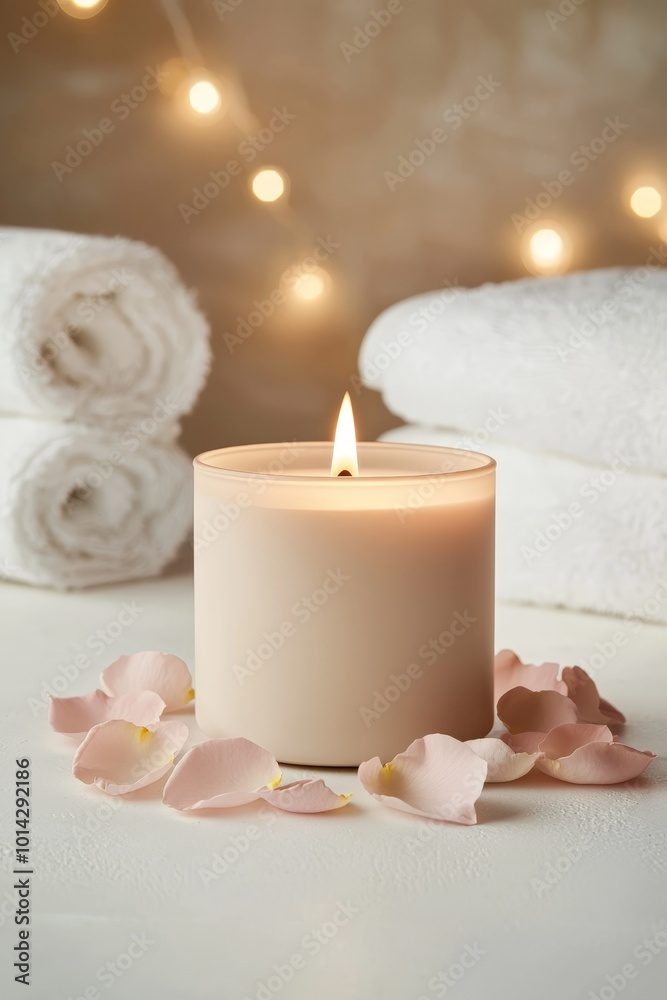 Tranquil Candlelight Serenity Closeup of Lit Candle in Glass Jar with Pink Rose Petals on Soft White Surface, Cozy Holiday Ambiance Tranquil Candlelight Serenity Closeup of Lit Candle in Glass Jar with Pink Rose Petals on Soft White Surface, Cozy Holiday Ambiance