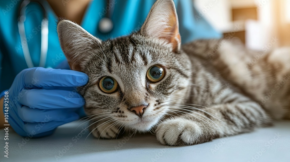 Close-up of a Tabby Cat Being Examined by a Veterinarian Close-up of a Tabby Cat Being Examined by a Veterinarian