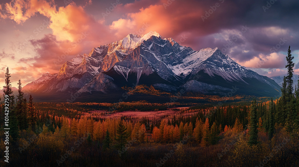 Obraz premium Majestic mountain landscape during sunset with vibrant autumn foliage in the foreground
