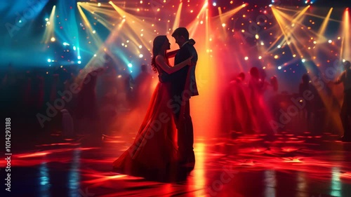 Couple dances intimately under colorful lights during a lively evening event in a grand hall