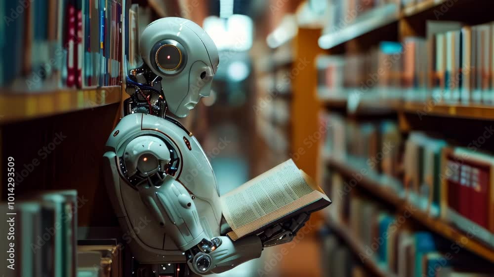 A humanoid robot explores the knowledge of a library while reading a book in a quiet aisle during a serene afternoon A humanoid robot explores the knowledge of a library while reading a book in a quiet aisle during a serene afternoon