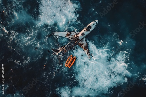 An aerial view of an airplane near a lifeboat in turbulent waters, showcasing the contrast between technology and nature.