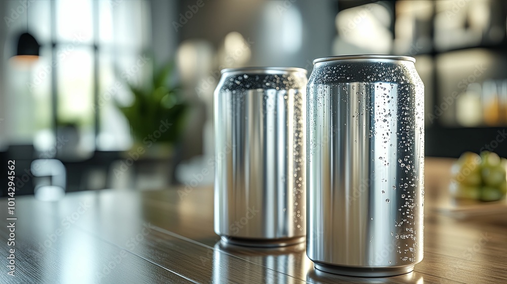 Two Silver Cans with Water Droplets on Wooden Table Two Silver Cans with Water Droplets on Wooden Table