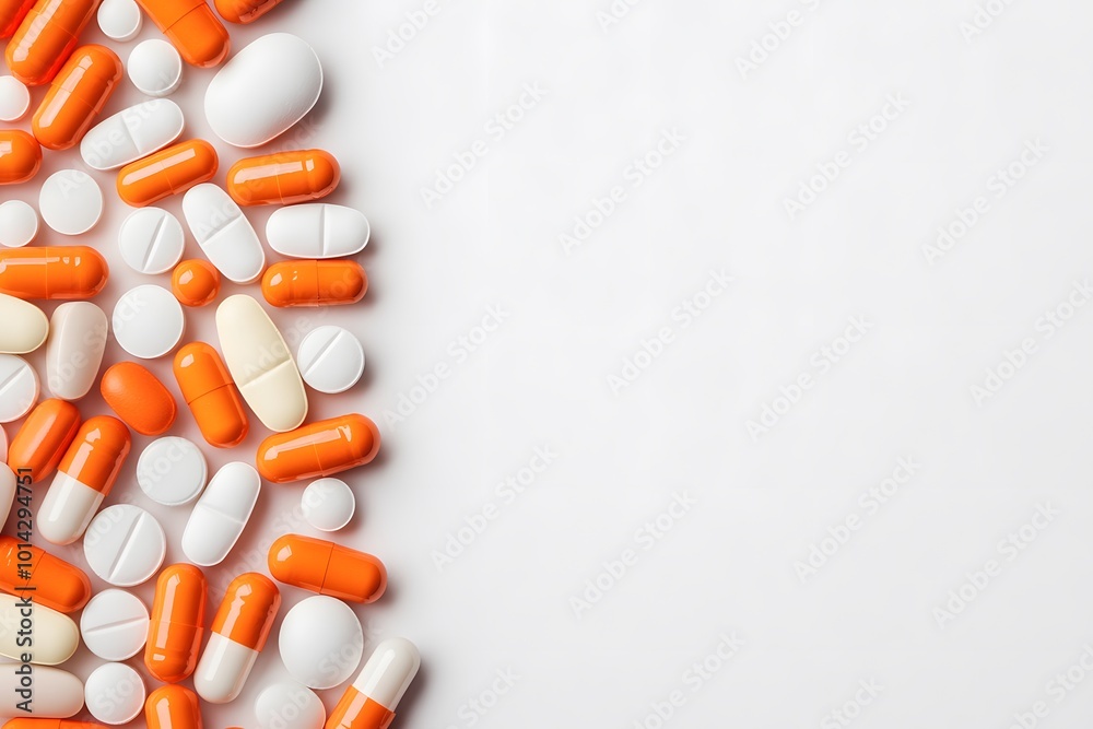 A close-up arrangement of orange and white capsules and tablets on a clean background. A close-up arrangement of orange and white capsules and tablets on a clean background.