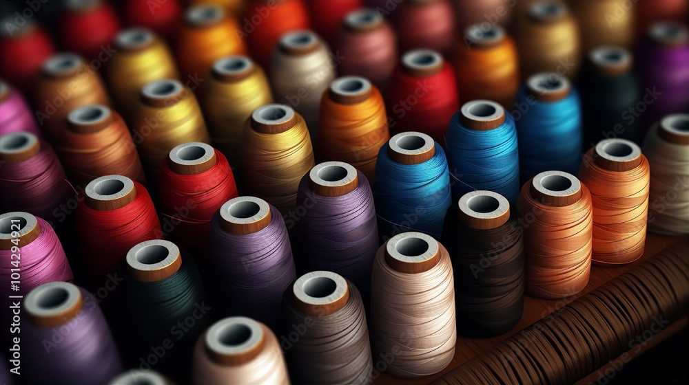 Colorful spools of thread arranged in a circular pattern, showcasing a vibrant design and diverse colors, celebrating the art of sewing and technology Colorful spools of thread arranged in a circular pattern, showcasing a vibrant design and diverse colors, celebrating the art of sewing and technology